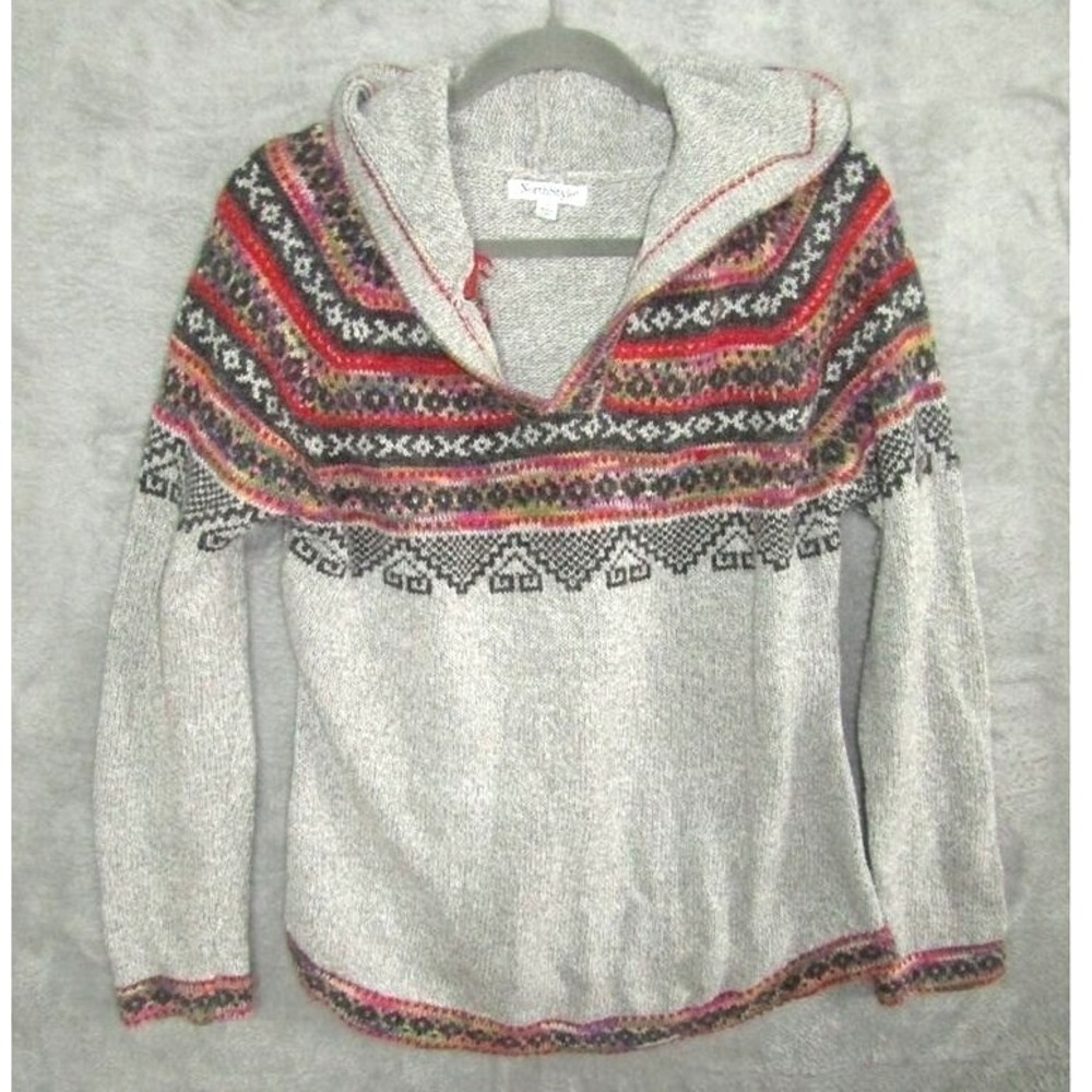 North Style Hooded Cardigan Sweater Gray Fair Isle Boho Nordic Layer Cabin Y2K